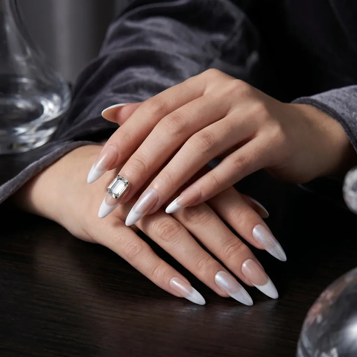 Kentrim nude white French long almond rectangle press-on nails with rhinestones, 30-piece set in 15 sizes, natural and elegant design. Main image