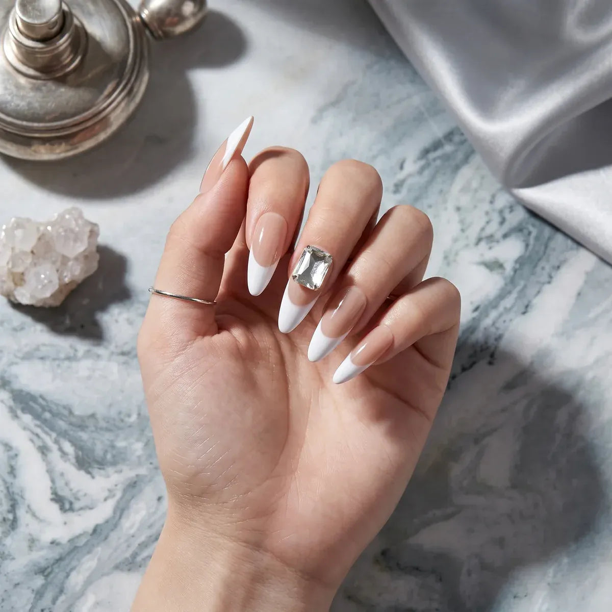 Press on Nails Kentrim Nude White French Long Almond Rectangle Rhinestone Press On Nails - 30 Pieces, 15 Sizes Pink