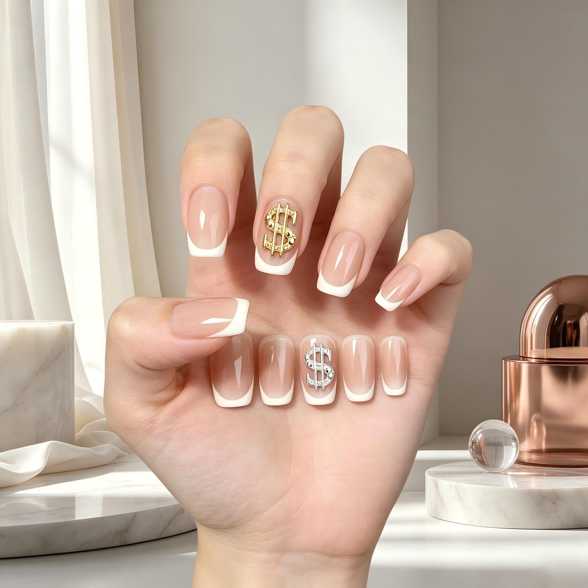 Press on Nails Kentrim Nude White French Dollar Press On Nails - 24 Pieces (12 Sizes)