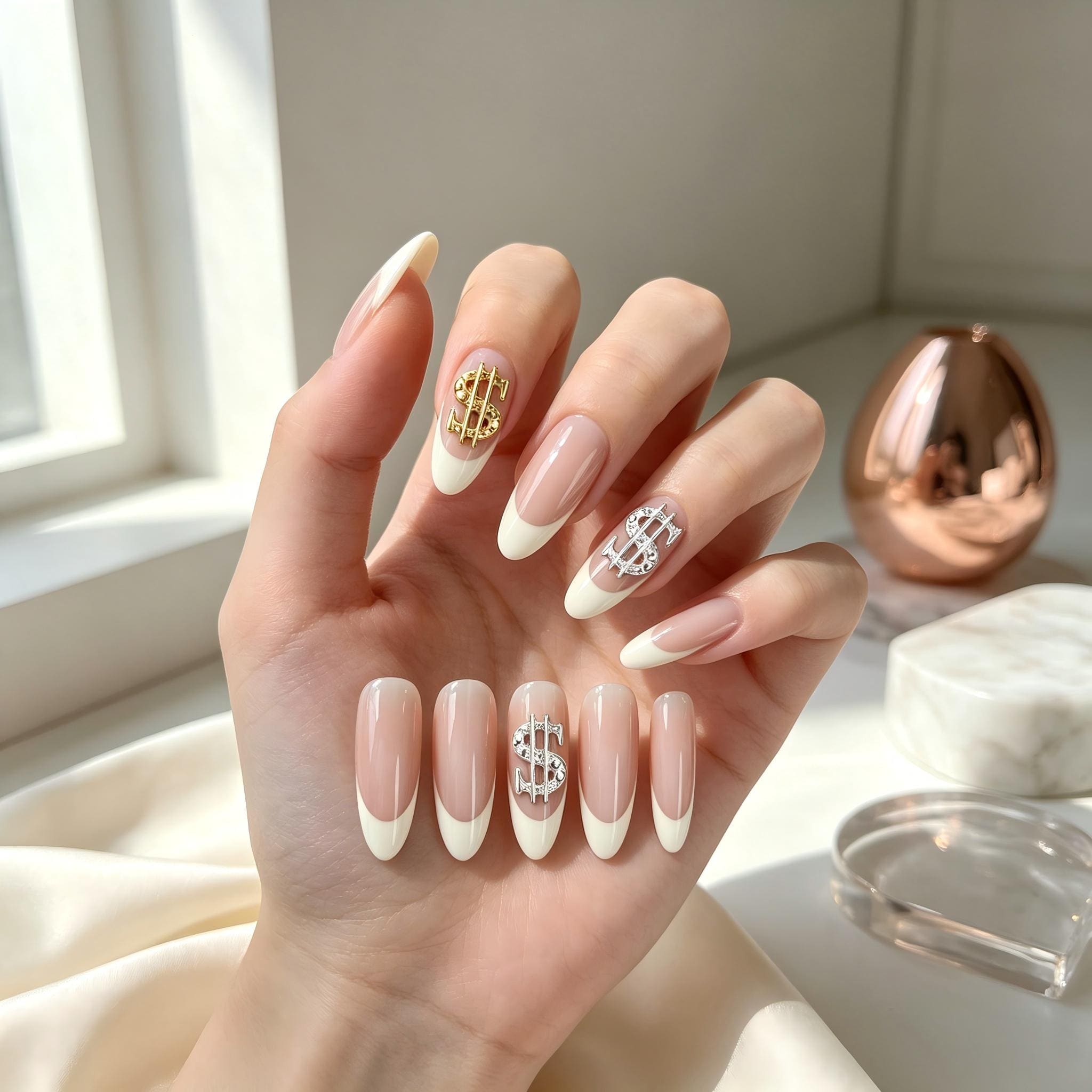 Press on Nails Kentrim Nude White French Dollar Press On Nails - 24 Pieces (12 Sizes)