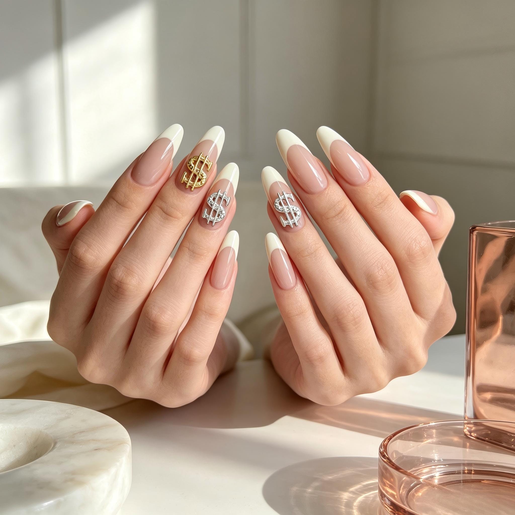 Press on Nails Kentrim Nude White French Dollar Press On Nails - 24 Pieces (12 Sizes)