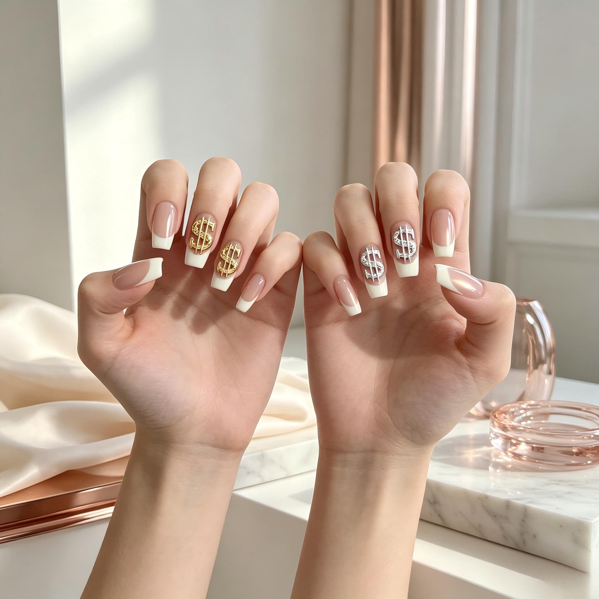 Press on Nails Kentrim Nude White French Dollar Press On Nails - 24 Pieces (12 Sizes)
