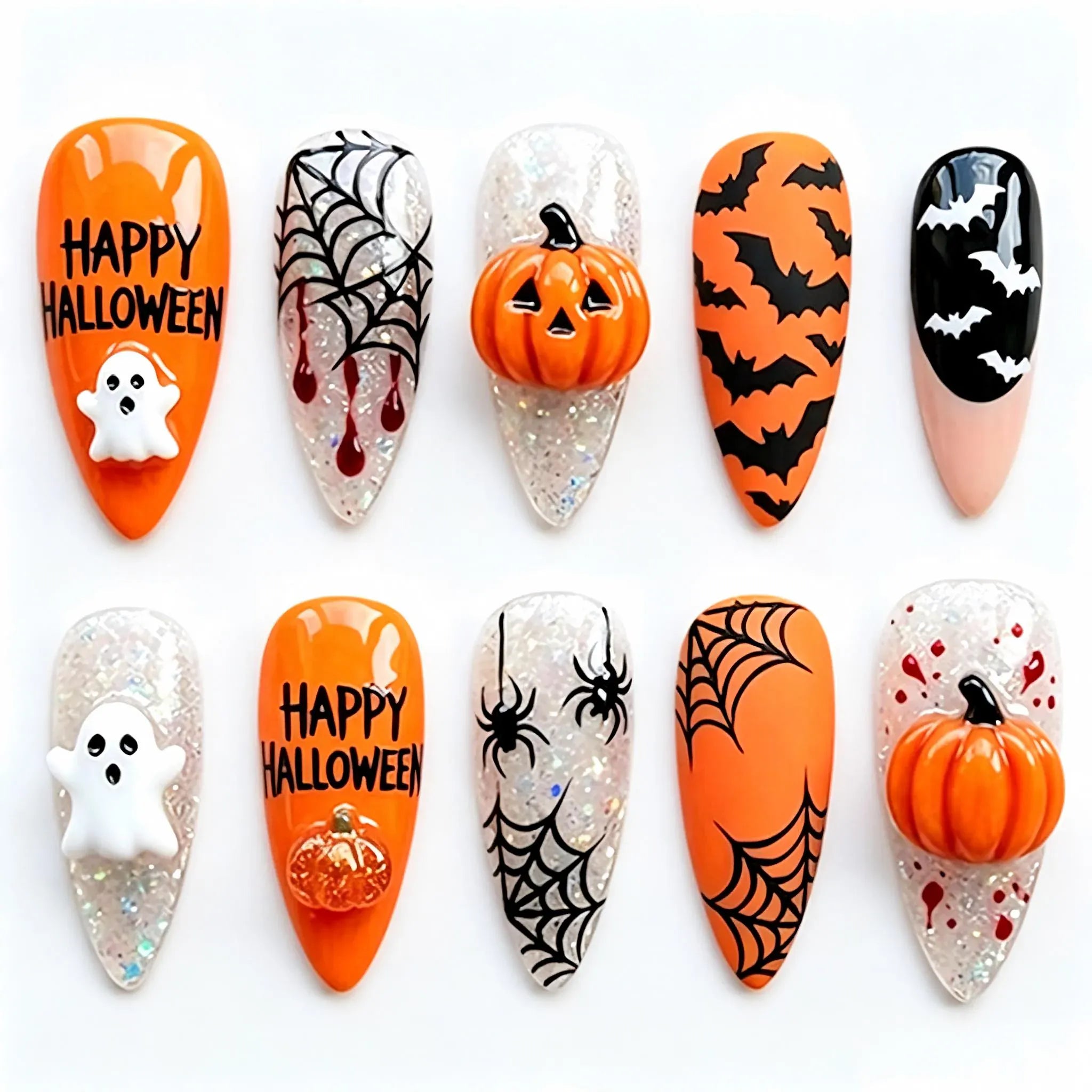 Kentrim Orange Black 3D Pumpkin Ghost Spider Web Long Stiletto Halloween Press On Nails - 24 Pieces 12 Sizes Secondary image