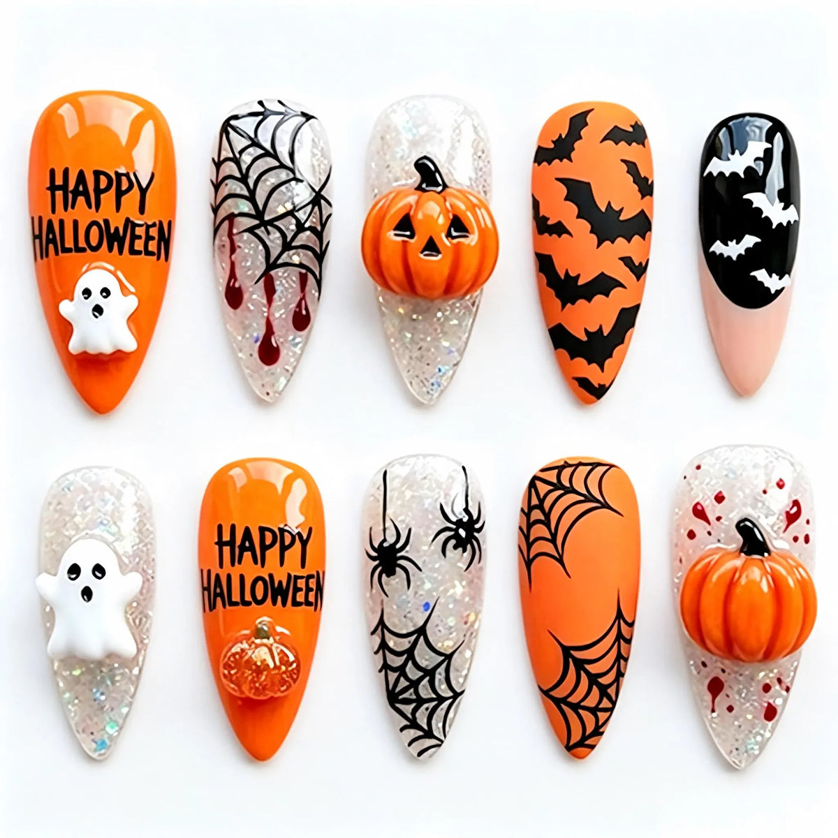 Kentrim orange and black 3D pumpkin ghost spider web long stiletto Halloween press-on nails, 24-piece set with 12 sizes. Main image