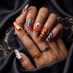 Press on Nails Kentrim Orange Black 3D Pumpkin Ghost Spider Web Long Stiletto Halloween Press On Nails - 24 Pieces 12 Sizes Orange
