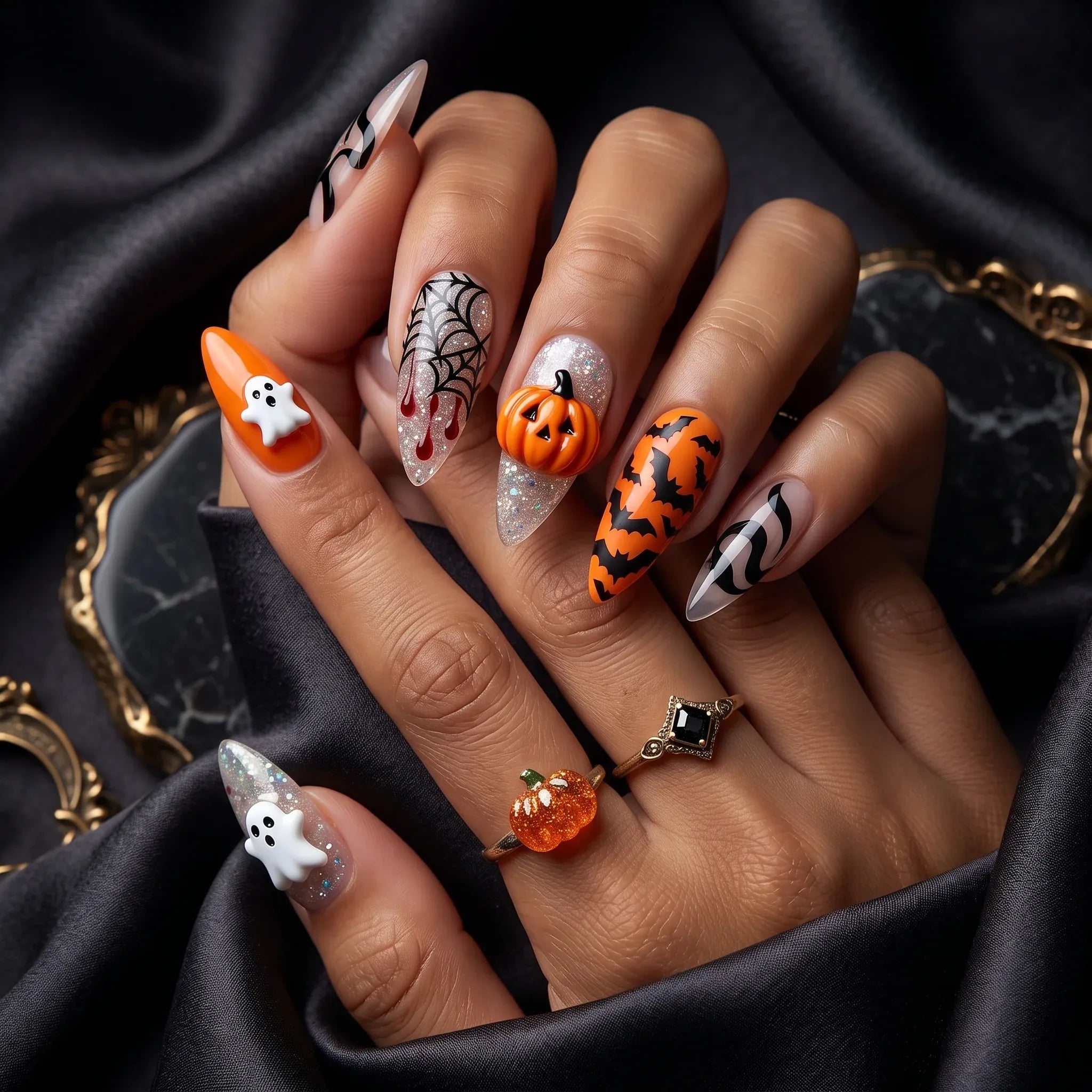 Press on Nails Kentrim Orange Black 3D Pumpkin Ghost Spider Web Long Stiletto Halloween Press On Nails - 24 Pieces 12 Sizes Orange