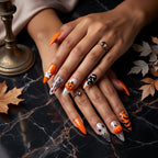 Press on Nails Kentrim Orange Black 3D Pumpkin Ghost Spider Web Long Stiletto Halloween Press On Nails - 24 Pieces 12 Sizes Orange