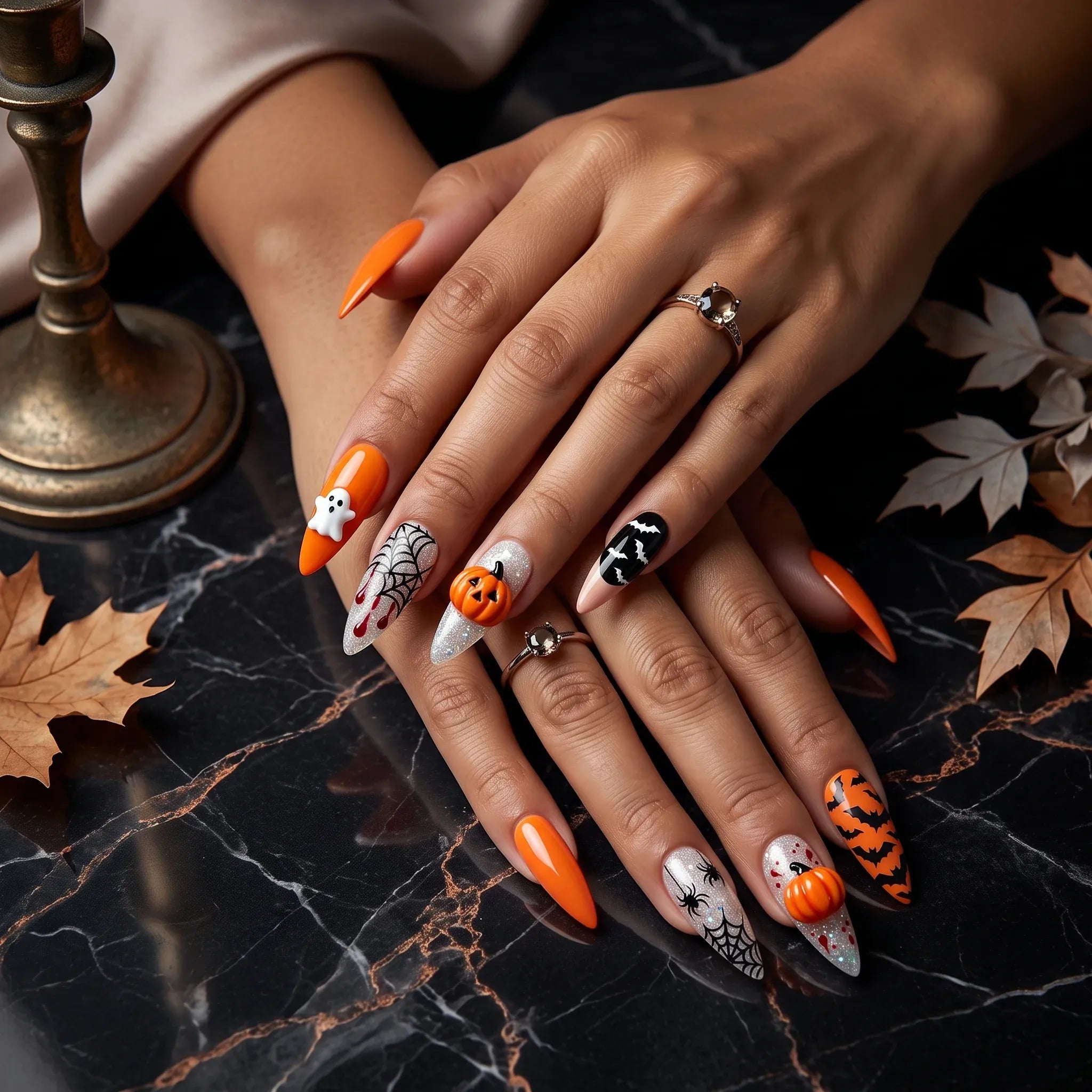 Kentrim orange and black 3D pumpkin ghost spider web long stiletto Halloween press-on nails, set of 24 in 12 sizes Main image