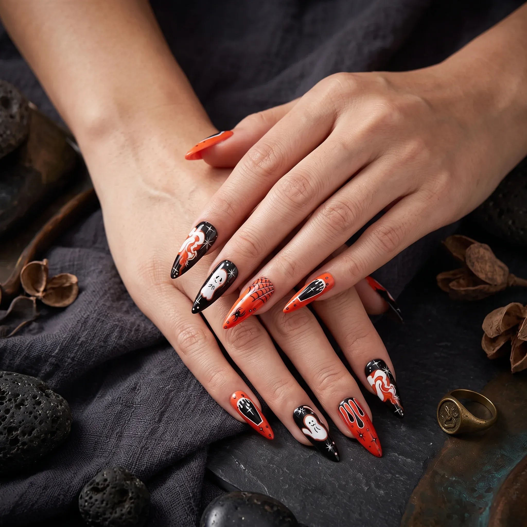 Kentrim Orange Black Ghost Spider Web Long Stiletto Halloween Press On Nails - 24 Pieces 12 Sizes Secondary image