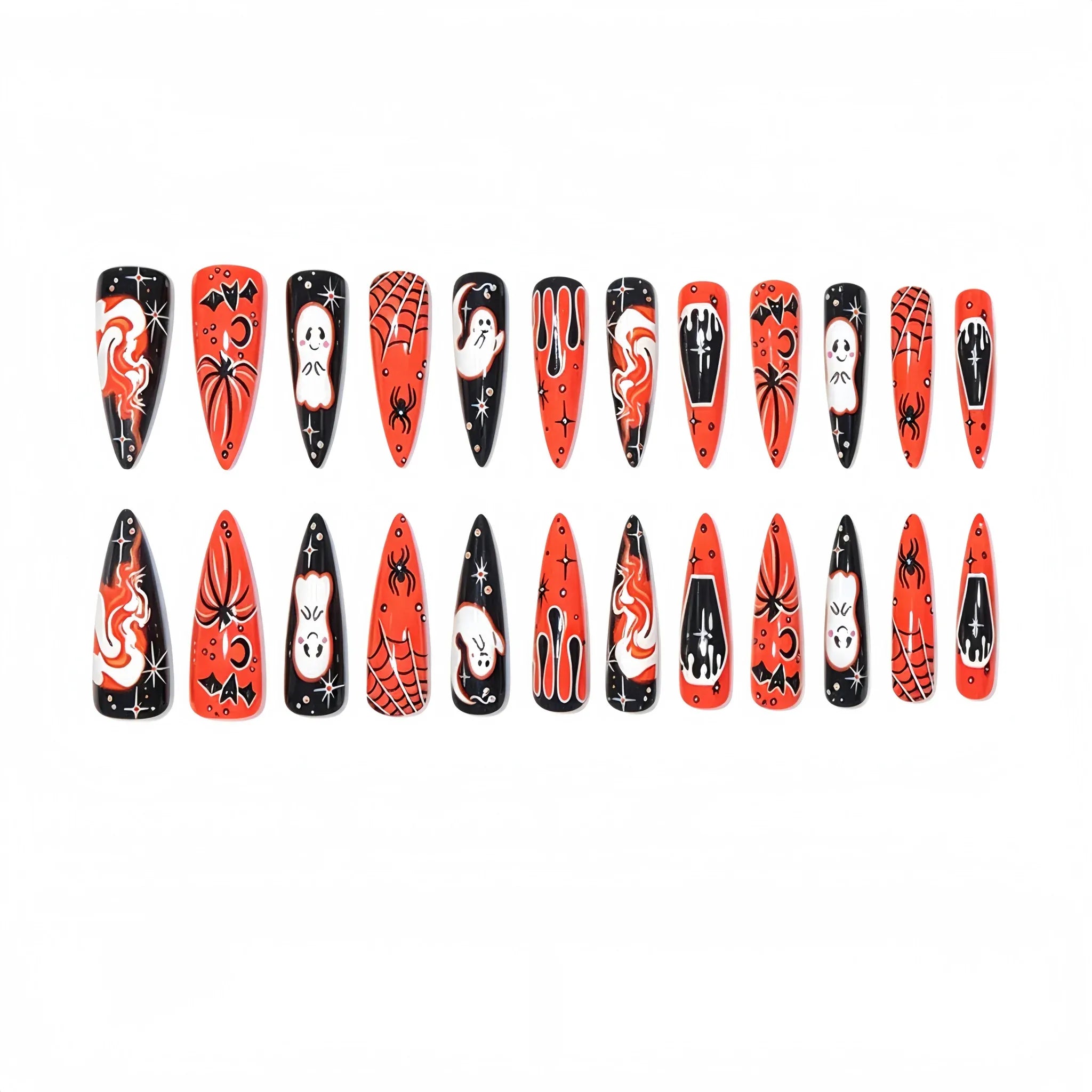 Kentrim orange and black ghost spider web long stiletto press-on nails, 24-piece set with 12 sizes, Halloween-themed manicure. Main image