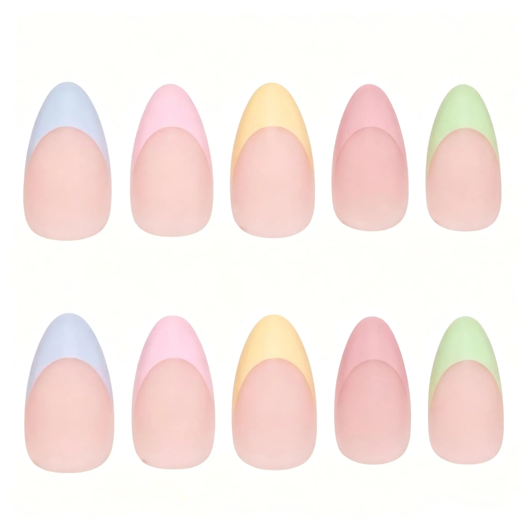 Kentrim pastel macaron French tip nude press on nails in almond shape, medium long length, 30-piece set with 15 sizes. Main image