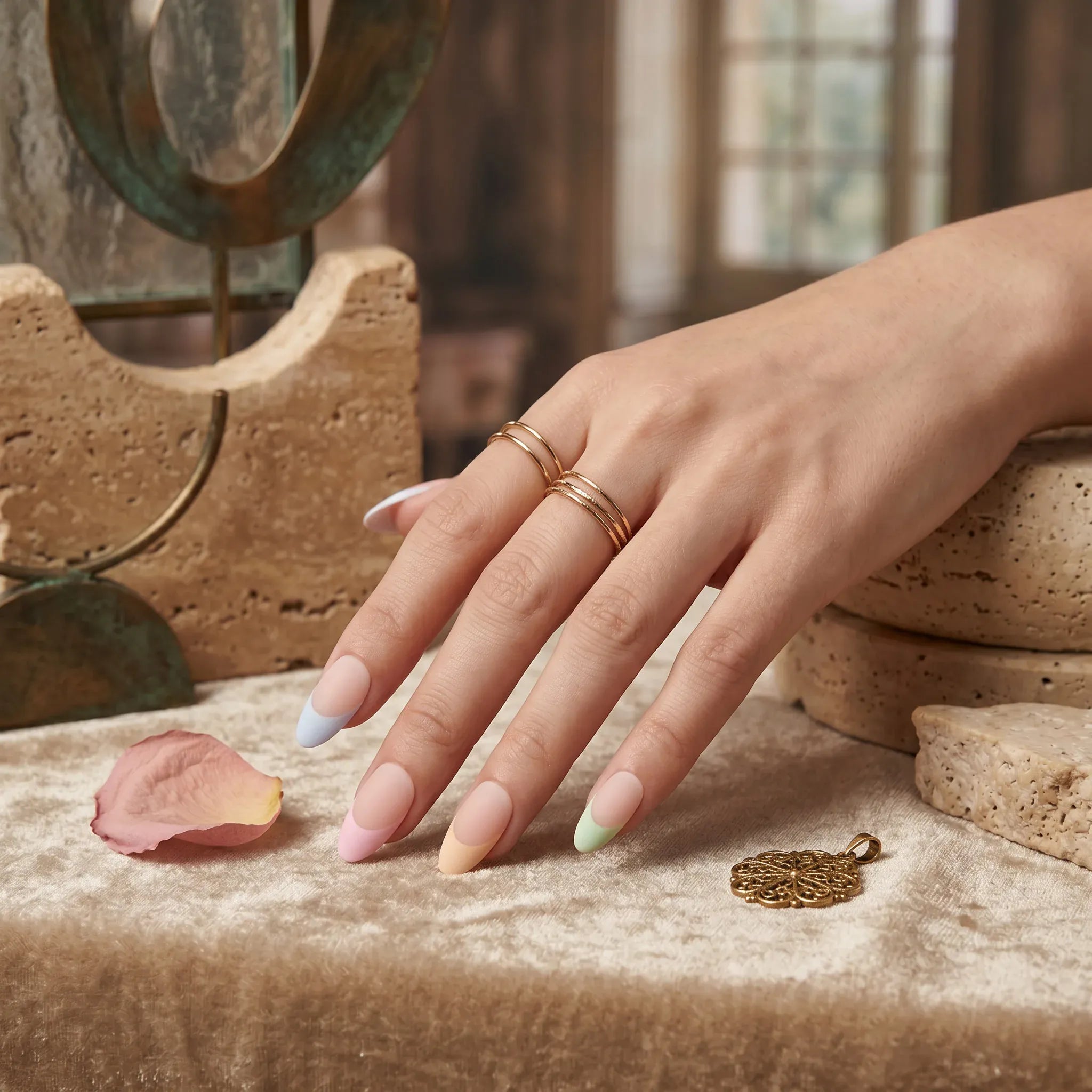 Press on Nails Kentrim Pastel Macaron French Tip Nude Medium Long Almond Press On Nails - 30 Pieces 15 Sizes Pink