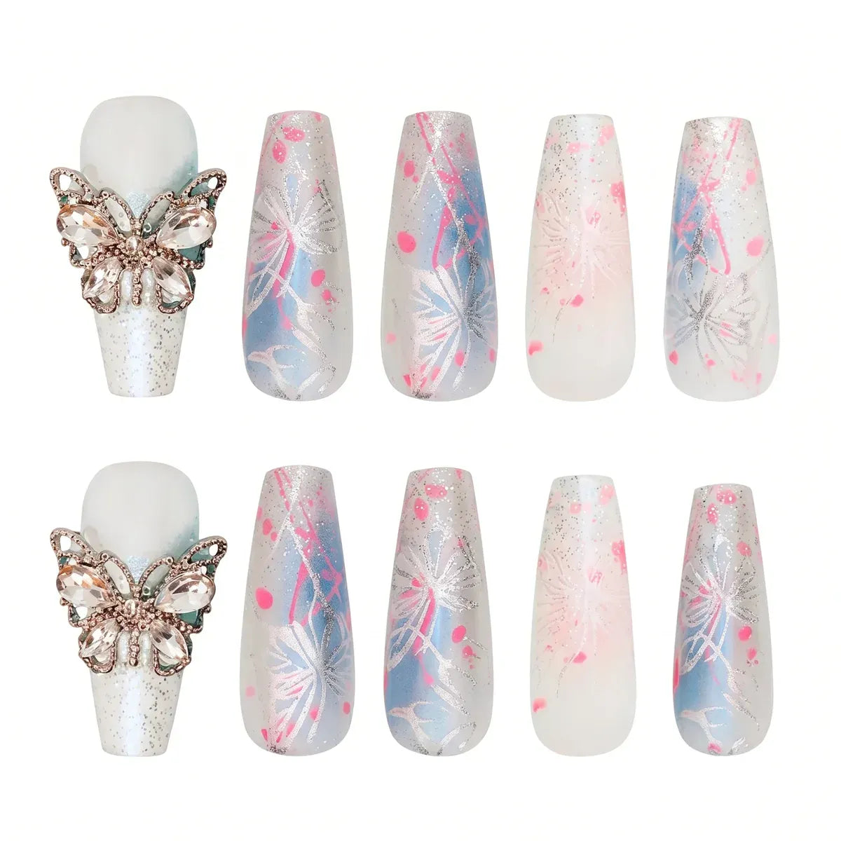 Kentrim Pink Blue Gradient Rhinestone Butterfly Long Coffin Press On Nails - 30 Pieces, 15 Sizes Secondary image