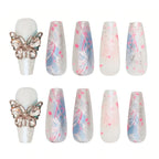 Press on Nails Kentrim Pink Blue Gradient Rhinestone Butterfly Long Coffin Press On Nails - 30 Pieces, 15 Sizes White
