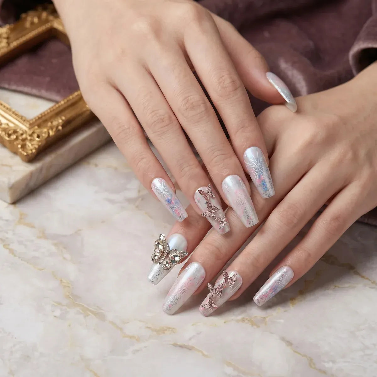 Kentrim pink and blue gradient rhinestone butterfly long coffin press-on nails, 30 pieces in 15 sizes for easy at-home manicures. Main image