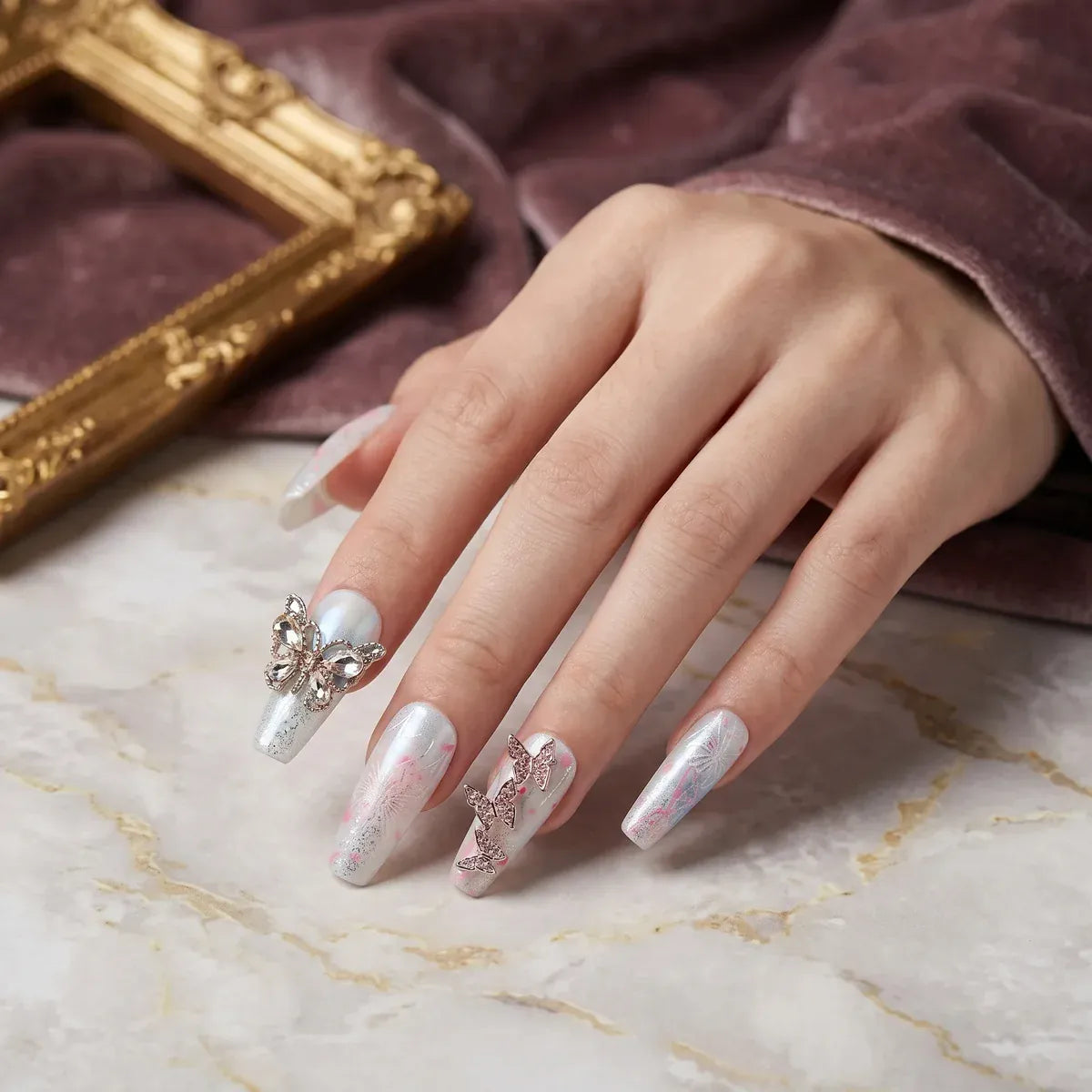 Press on Nails Kentrim Pink Blue Gradient Rhinestone Butterfly Long Coffin Press On Nails - 30 Pieces, 15 Sizes White