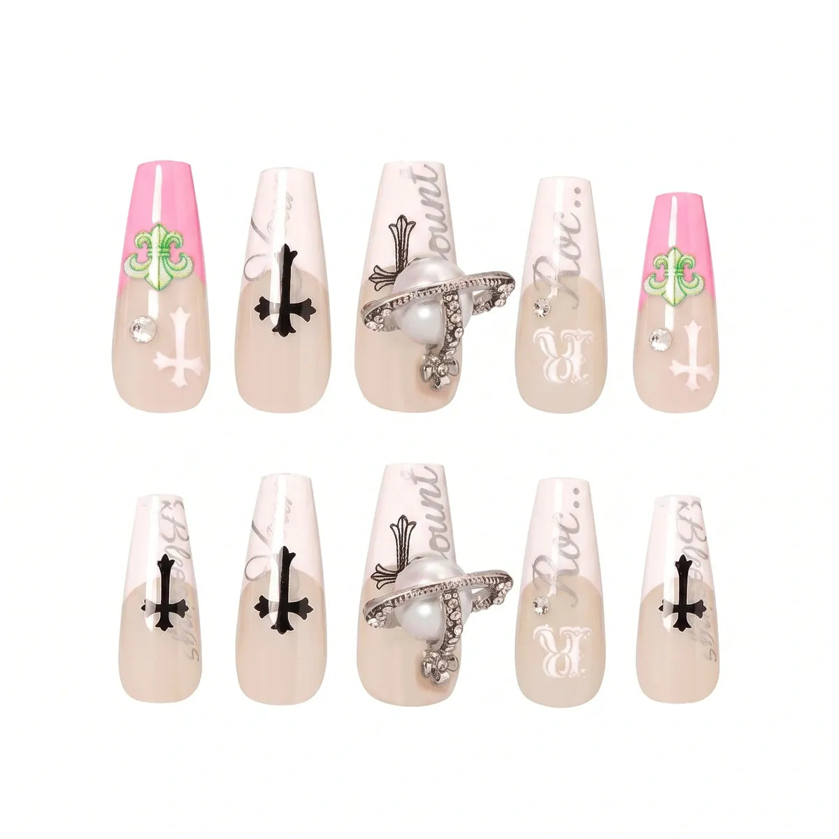 Kentrim Pink French Cross Coffin Press On Nails - 30 Pieces, 15 Sizes Secondary image