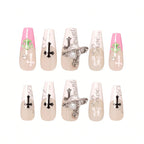 Press on Nails Kentrim Pink French Cross Coffin Press On Nails - 30 Pieces, 15 Sizes Pink