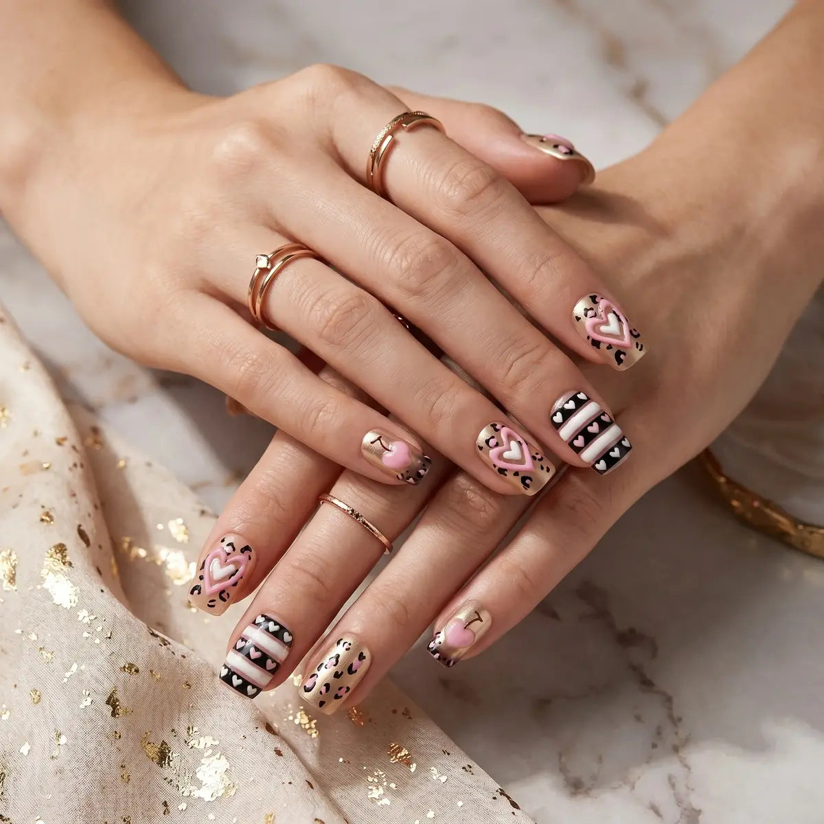 Press on Nails Kentrim Pink Leopard Gold Heart Cherry Medium Square Press On Nails - 30 Pieces, 15 Sizes Gold