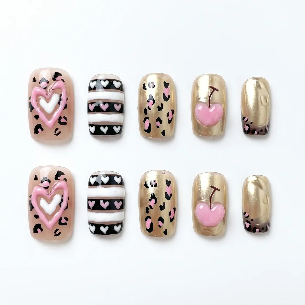Kentrim Pink Leopard Gold Heart Cherry Medium Square Press On Nails - 30 Pieces, 15 Sizes Secondary image