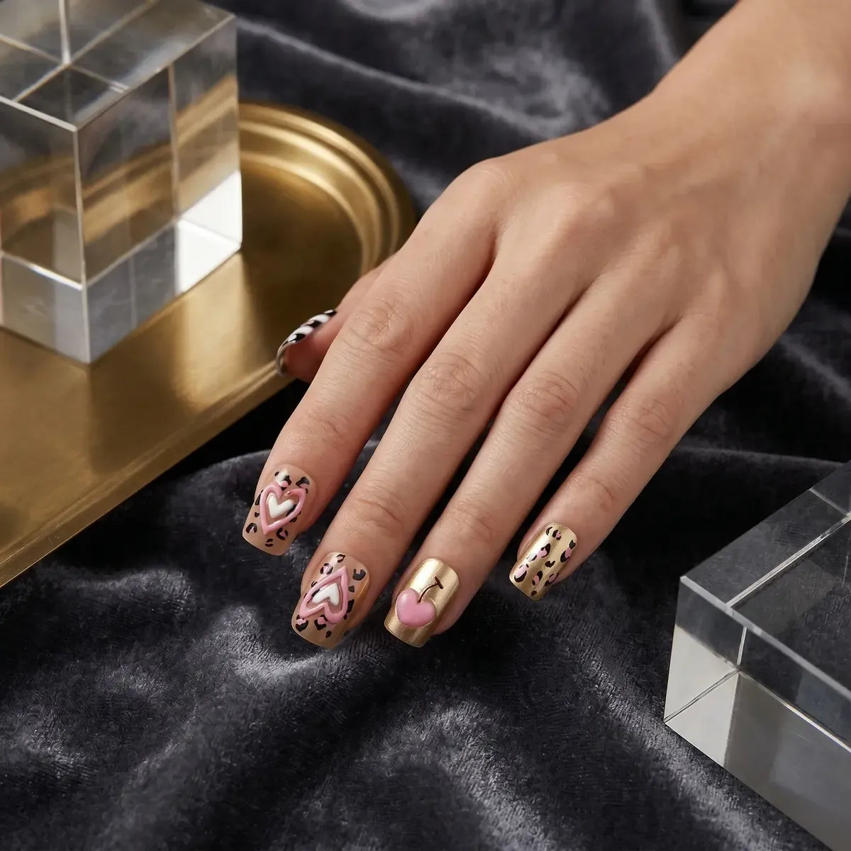 Press on Nails Kentrim Pink Leopard Gold Heart Cherry Medium Square Press On Nails - 30 Pieces, 15 Sizes Gold