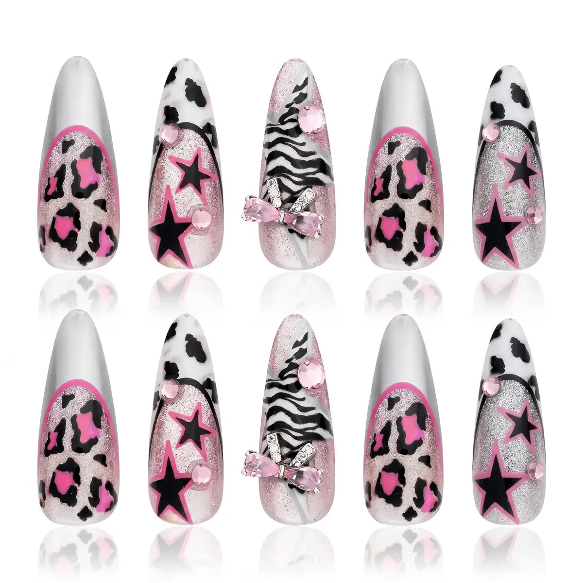Kentrim Pink Leopard Zebra Star Rhinestone Almond Press On Nails - 30 Pieces, 15 Sizes Secondary image