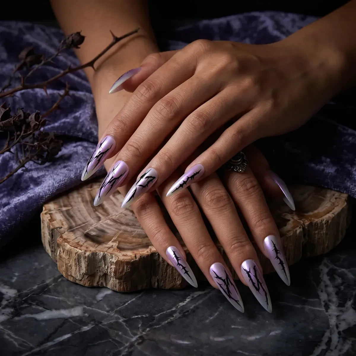 Kentrim pink and purple aurora thorn long stiletto press-on nails with 30 pieces in 15 sizes, showcasing vibrant, glossy nail designs. Main image