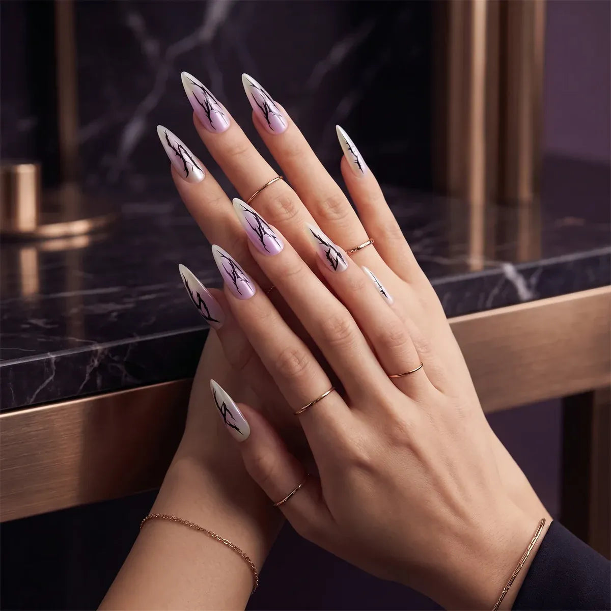 Press on Nails Kentrim Pink Purple Aurora Thorn Long Stiletto Press On Nails - 30 Pieces, 15 Sizes Black