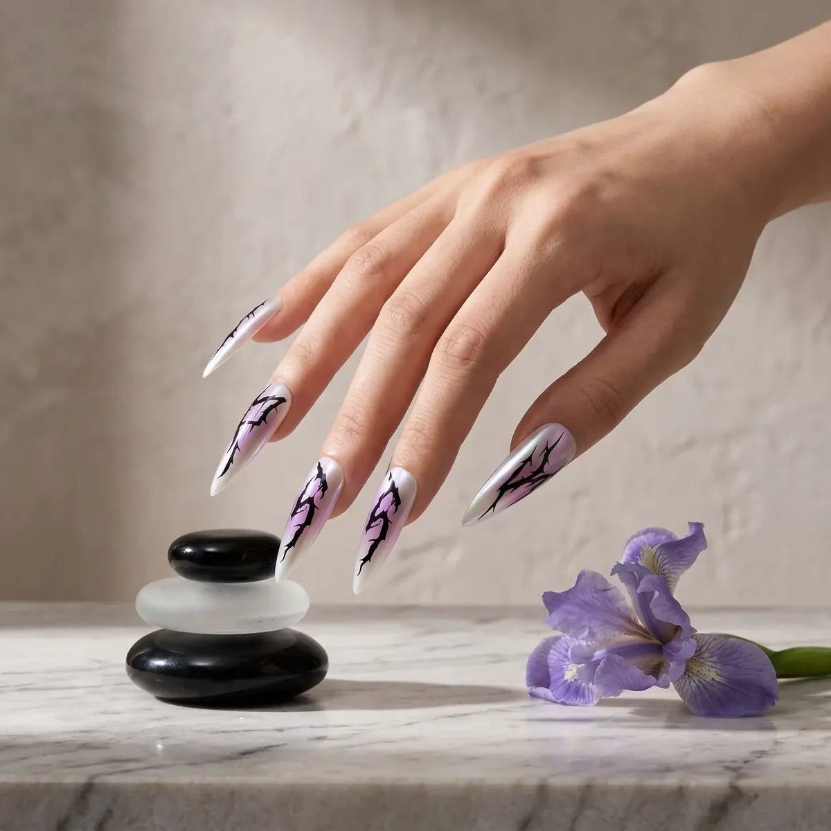 Press on Nails Kentrim Pink Purple Aurora Thorn Long Stiletto Press On Nails - 30 Pieces, 15 Sizes Black