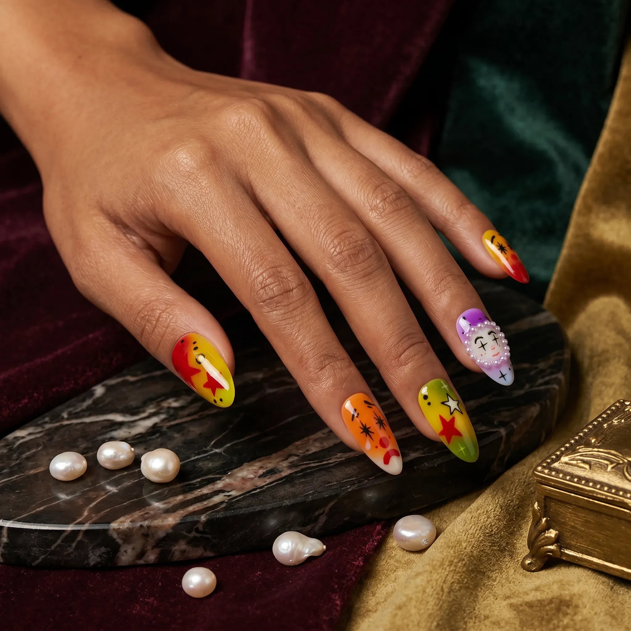 Press on Nails Kentrim Rainbow Gradient Clown Face Star Pearl Long Almond Press On Nails - 10 Pieces Mixed Sizes