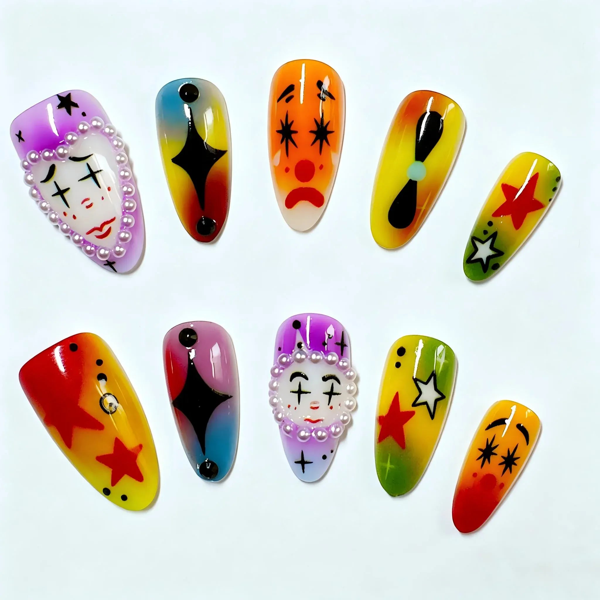 Kentrim Rainbow Gradient Clown Face Star Pearl Long Almond Press On Nails - 10 Pieces Mixed Sizes Secondary image