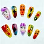 Press on Nails Kentrim Rainbow Gradient Clown Face Star Pearl Long Almond Press On Nails - 10 Pieces Mixed Sizes Orange / XS
