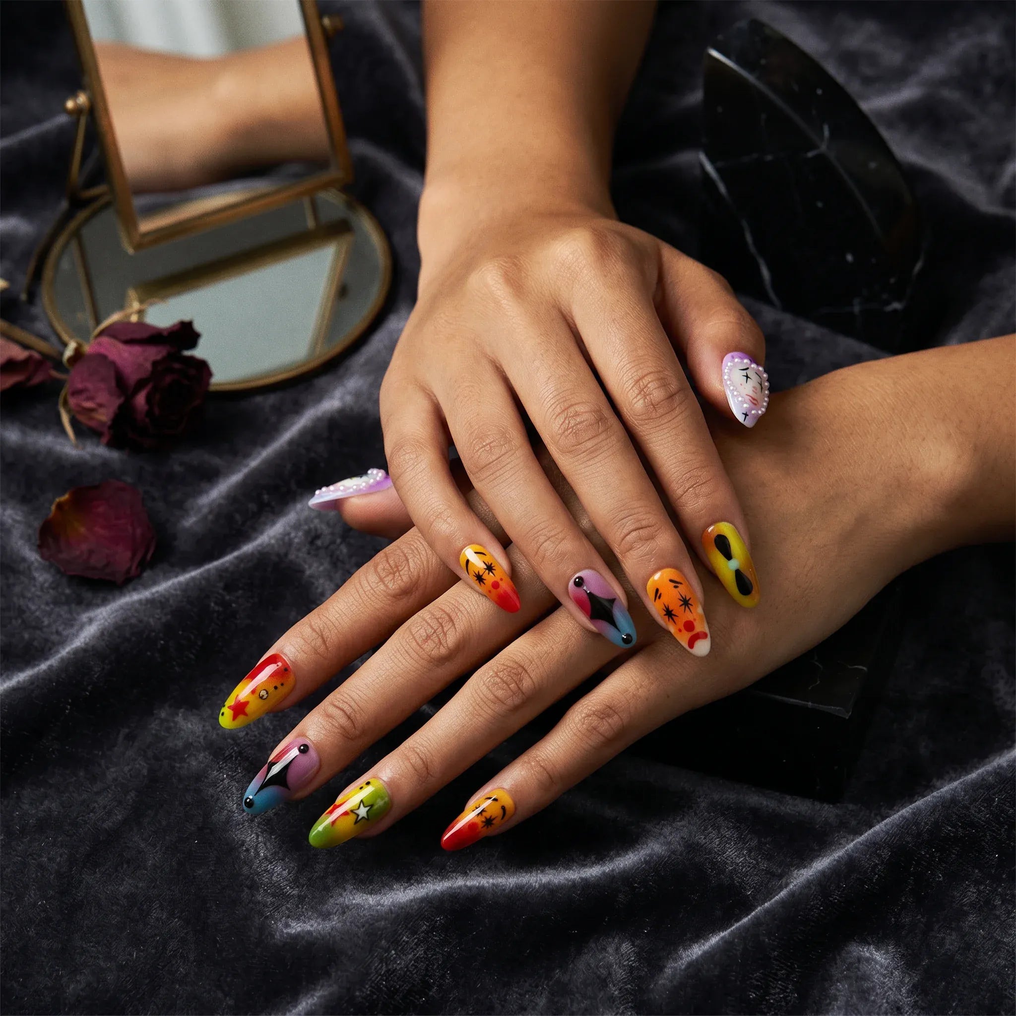 Kentrim rainbow gradient clown face star pearl long almond press on nails, 10-piece set with mixed sizes, vibrant and stylish nail design Main image