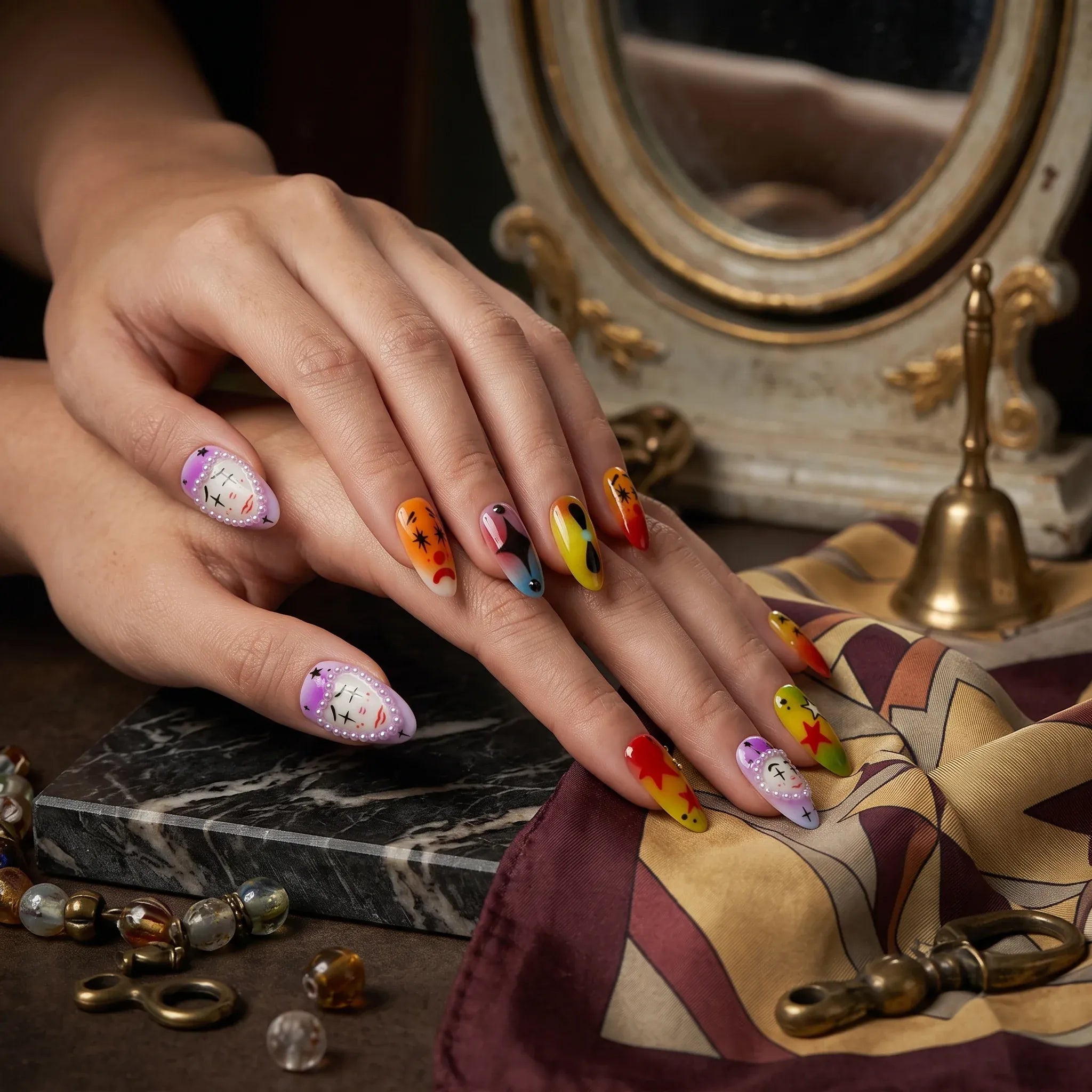 Press on Nails Kentrim Rainbow Gradient Clown Face Star Pearl Long Almond Press On Nails - 10 Pieces Mixed Sizes