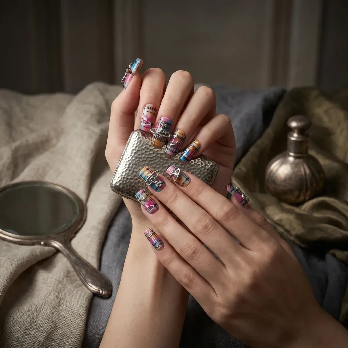 Press on Nails Kentrim Rainbow Plaid Saturn Star Medium Square Press On Nails - 30 Pieces, 15 Sizes Pink