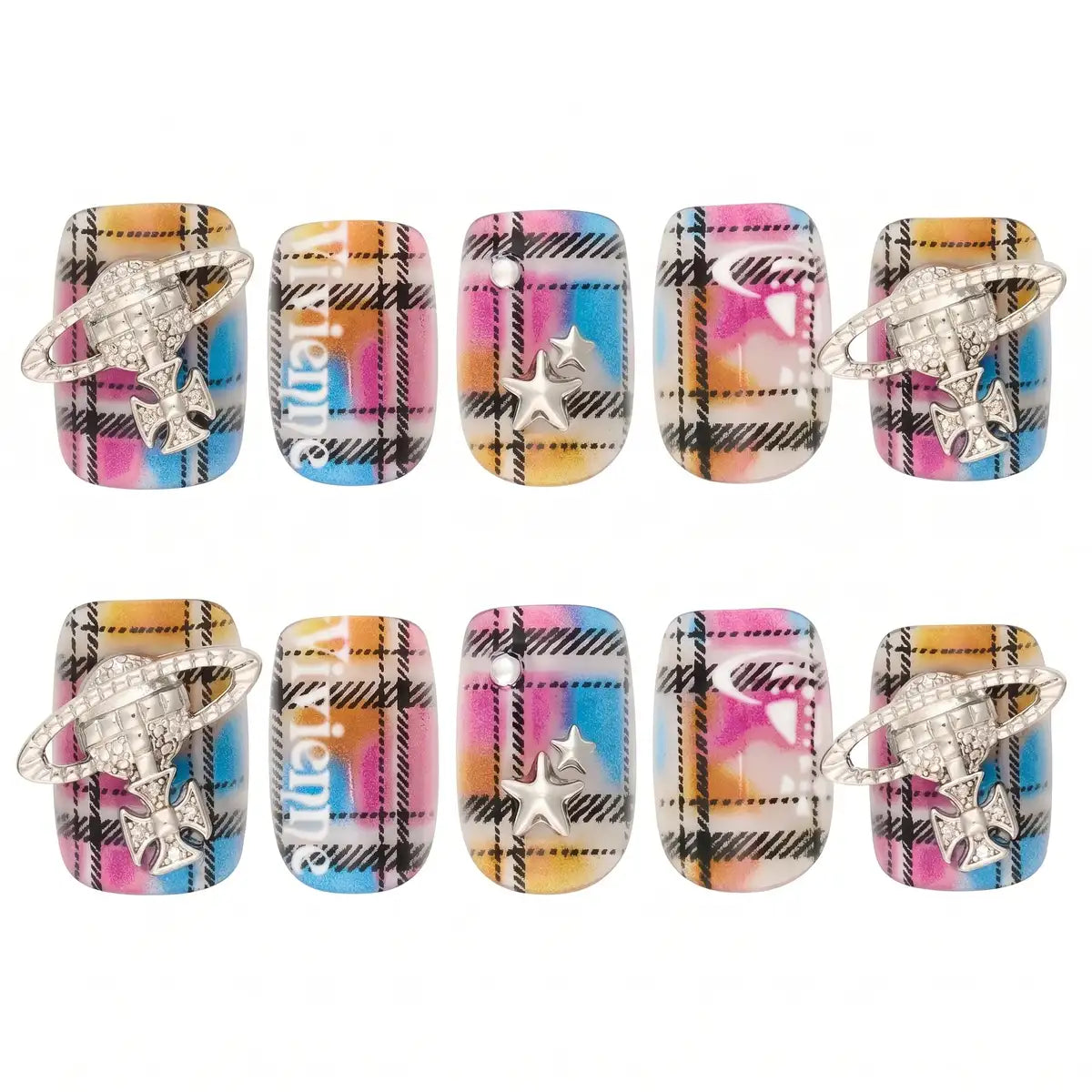 Kentrim Rainbow Plaid Saturn Star Medium Square Press On Nails - 30 Pieces, 15 Sizes Secondary image