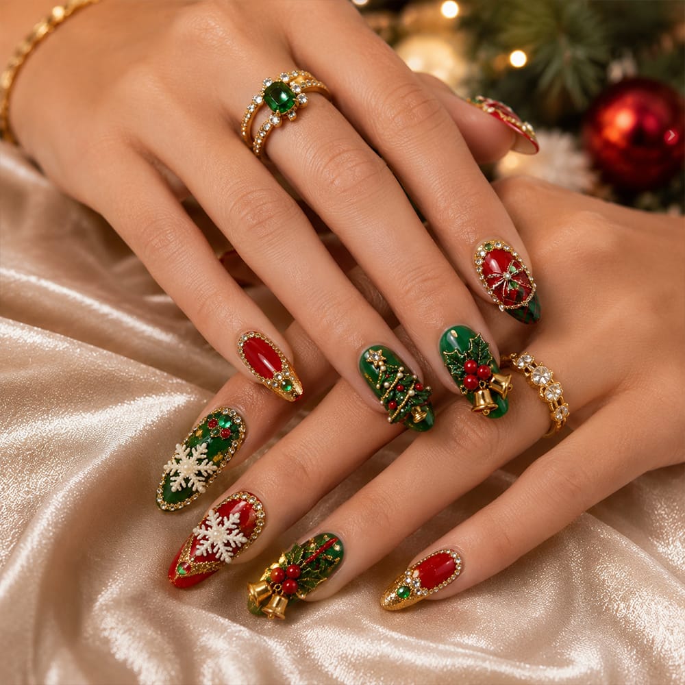 Press on Nails Kentrim Red Green Christmas 3D Snowflake Bell Rhinestone Long Coffin Press On Nails - 30 Pieces, 15 Sizes Red
