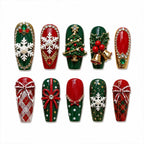 Press on Nails Kentrim Red Green Christmas 3D Snowflake Bell Rhinestone Long Coffin Press On Nails - 30 Pieces, 15 Sizes Red