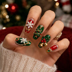 Press on Nails Kentrim Red Green Christmas 3D Snowflake Bell Rhinestone Long Coffin Press On Nails - 30 Pieces, 15 Sizes Red