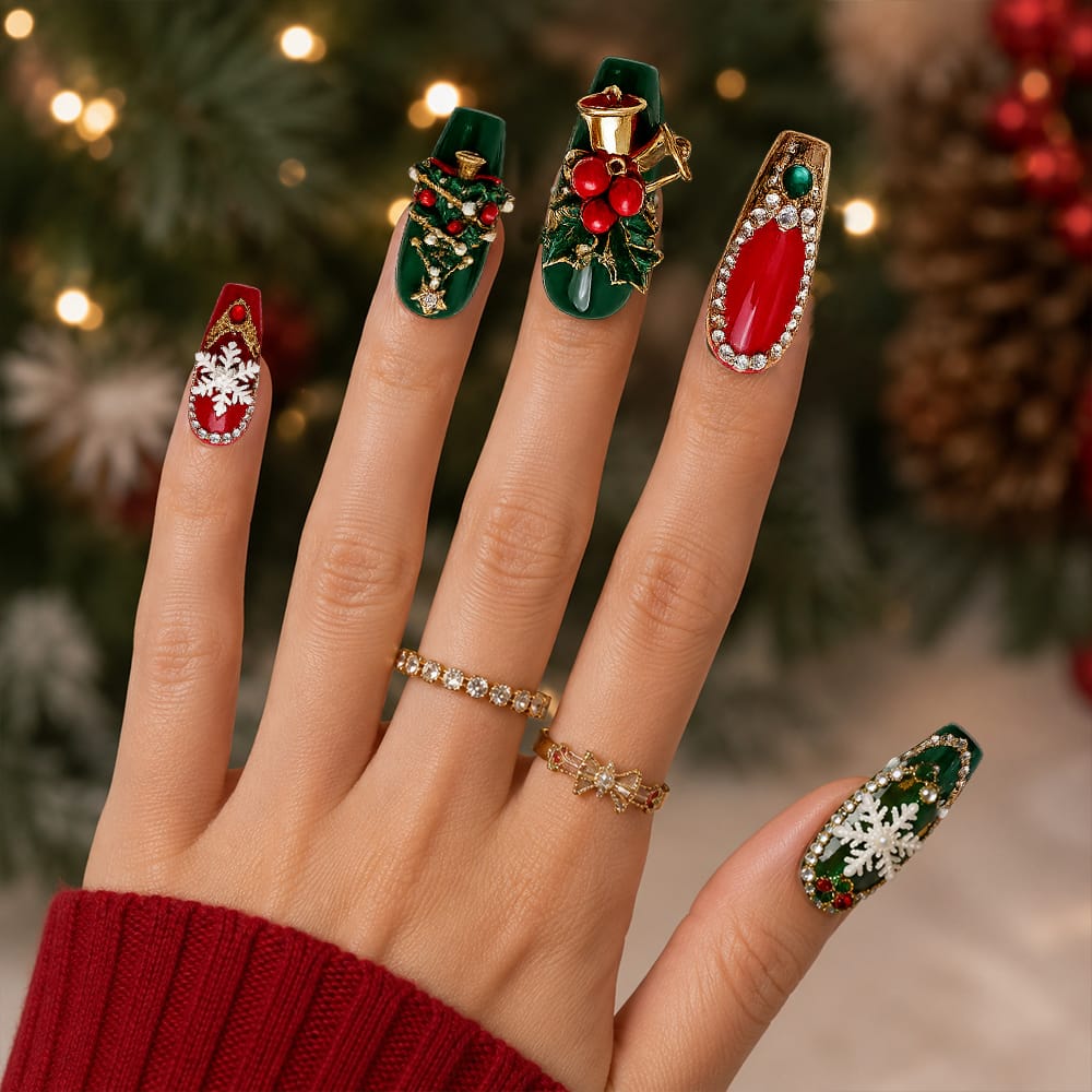 Press on Nails Kentrim Red Green Christmas 3D Snowflake Bell Rhinestone Long Coffin Press On Nails - 30 Pieces, 15 Sizes Red
