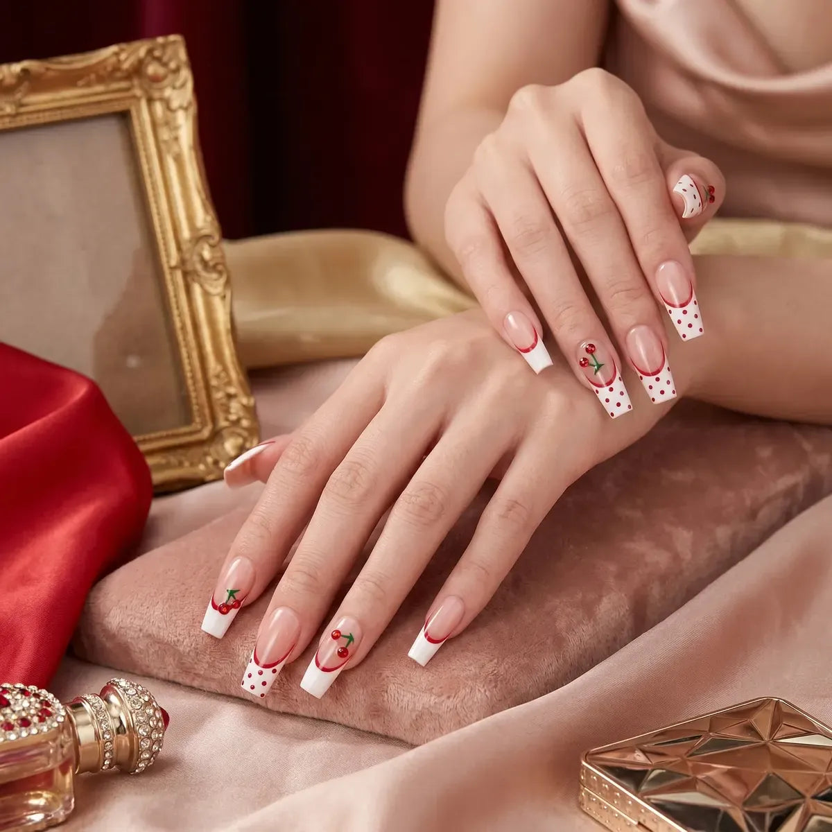Kentrim Red Line French Cherry long coffin press-on nails set with 30 pieces in 15 sizes, showcasing glossy red and white French tips. Main image