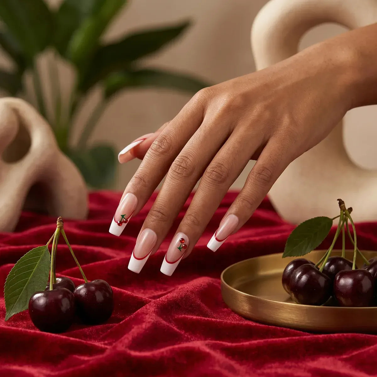 Press on Nails Kentrim Red Line French Cherry Long Coffin Press On Nails - 30 Pieces, 15 Sizes Pink