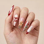 Press on Nails Kentrim Red Silver Gingerbread Man Bow Lace Medium Long Almond Christmas Press On Nails - 30 Pieces, 15 Sizes Red