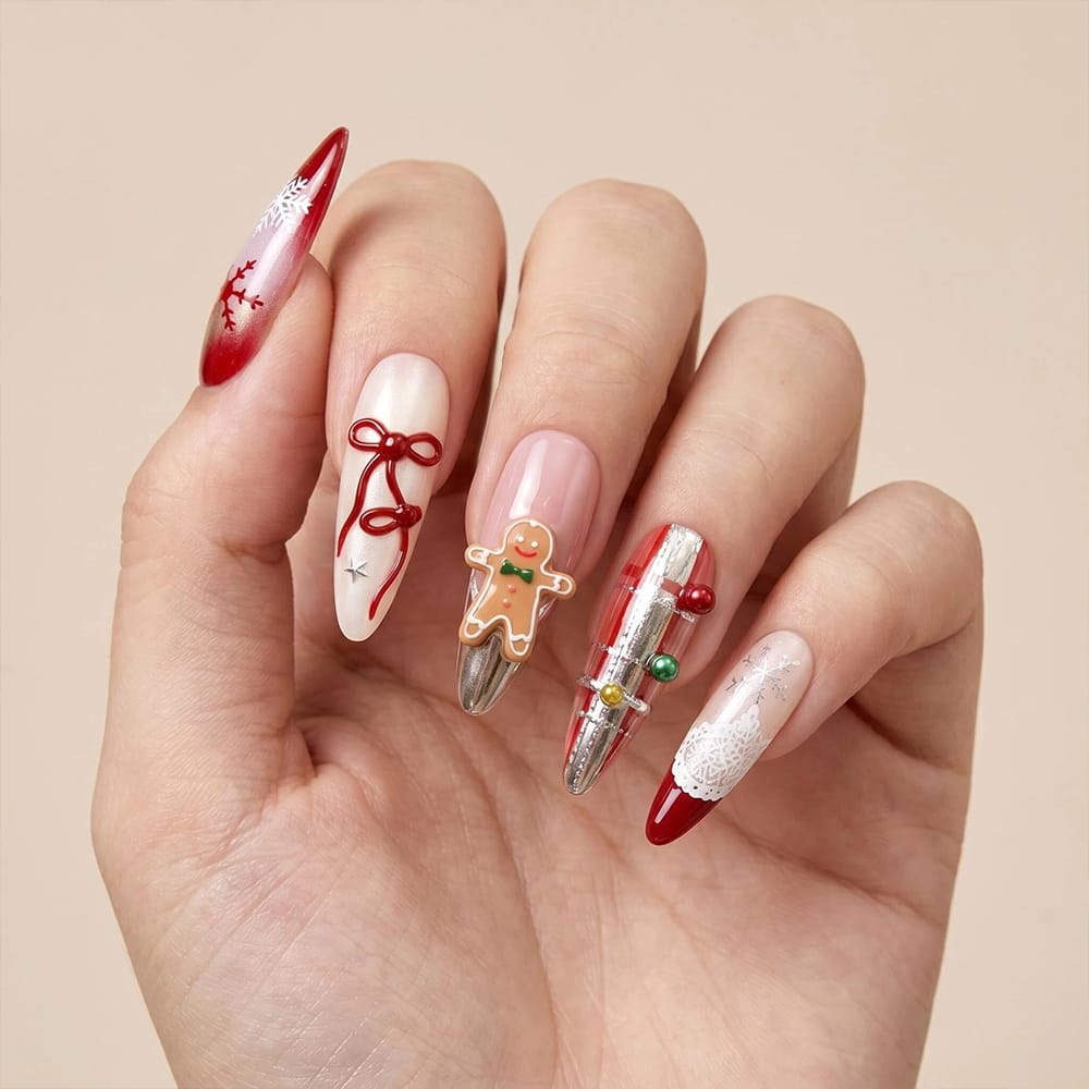 Press on Nails Kentrim Red Silver Gingerbread Man Bow Lace Medium Long Almond Christmas Press On Nails - 30 Pieces, 15 Sizes Red