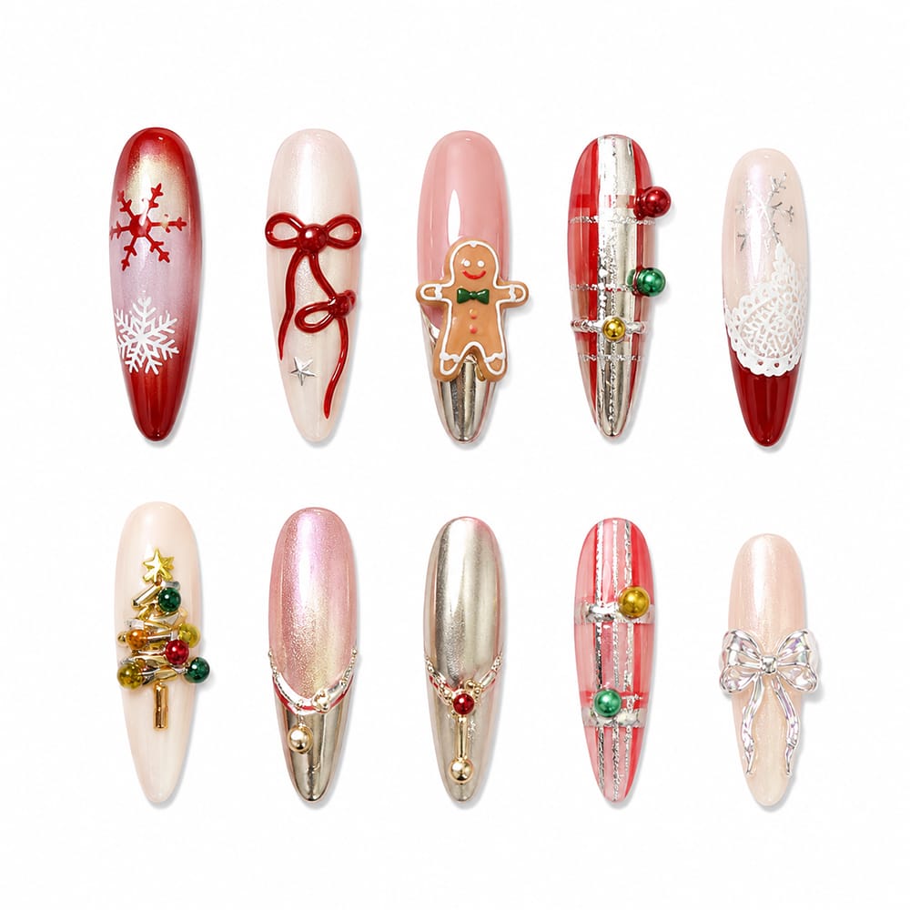 Kentrim red and silver gingerbread man bow lace press-on nails in medium long almond shape, 30-piece set with 15 sizes. Main image