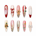 Press on Nails Kentrim Red Silver Gingerbread Man Bow Lace Medium Long Almond Christmas Press On Nails - 30 Pieces, 15 Sizes Red