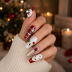 Press on Nails Kentrim Red White Mix Christmas Santa Pearl Metal Rhinestone Long Coffin Press On Nails - 30 Pieces, 15 Sizes White
