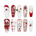 Press on Nails Kentrim Red White Mix Christmas Santa Pearl Metal Rhinestone Long Coffin Press On Nails - 30 Pieces, 15 Sizes White