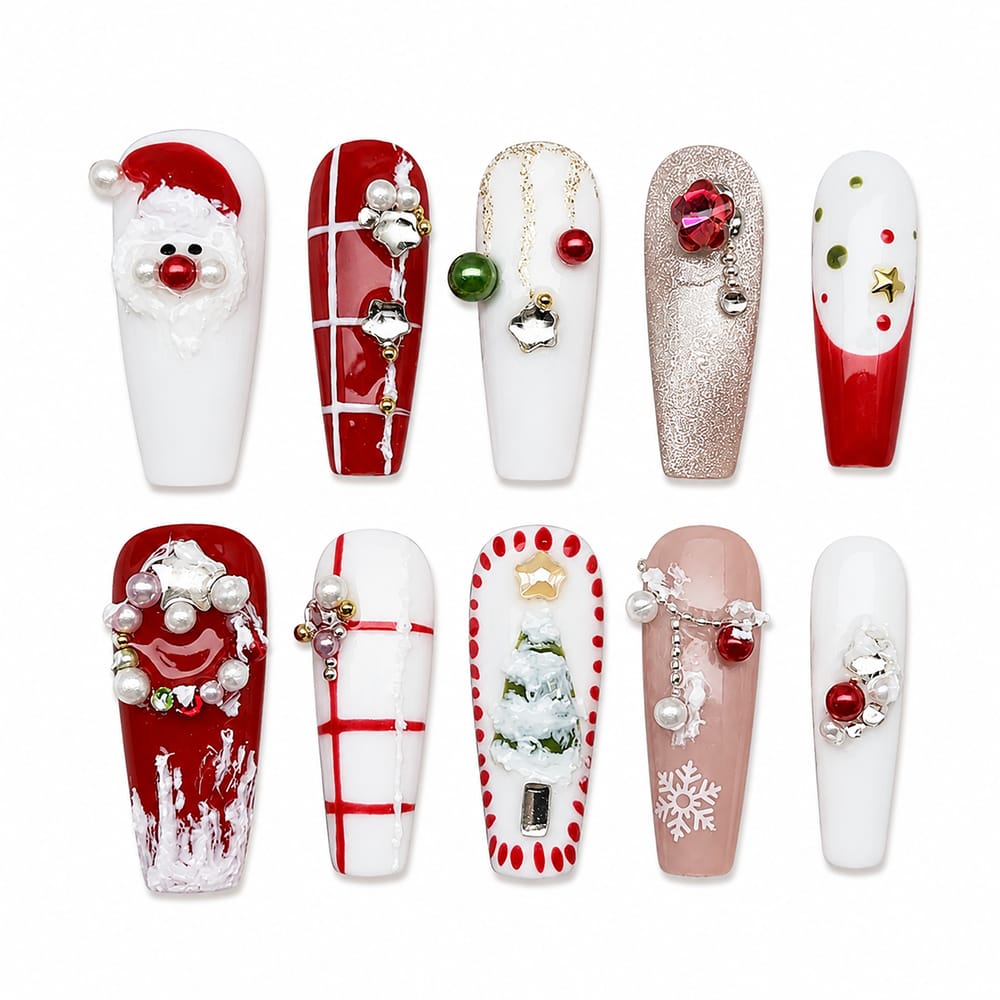 Press on Nails Kentrim Red White Mix Christmas Santa Pearl Metal Rhinestone Long Coffin Press On Nails - 30 Pieces, 15 Sizes White