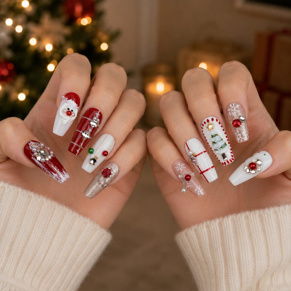 Press on Nails Kentrim Red White Mix Christmas Santa Pearl Metal Rhinestone Long Coffin Press On Nails - 30 Pieces, 15 Sizes White